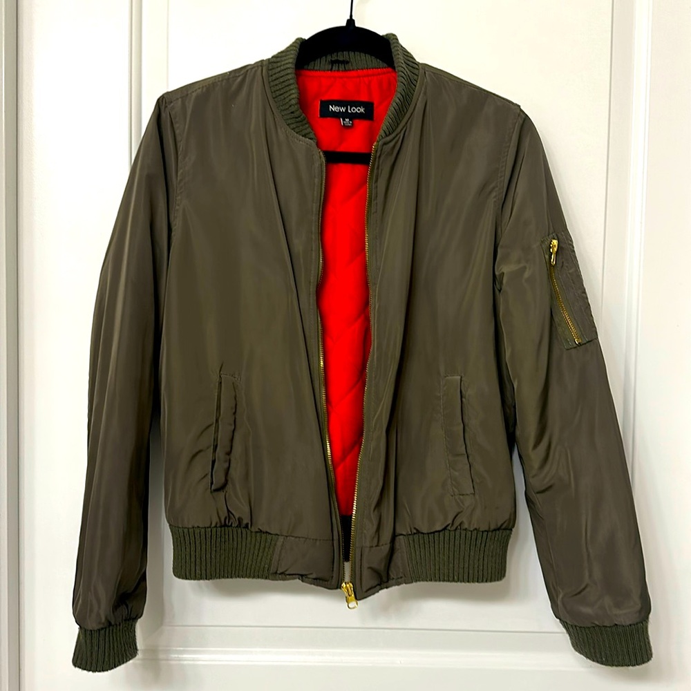 SUPER CUTE Bomber Jacket | Olive Green, Gold Zipper, Red Interior